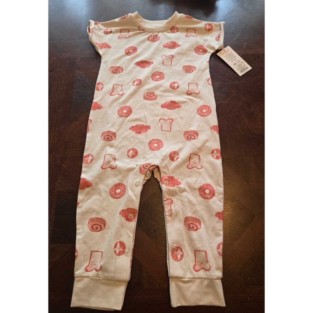 Cat & Jack Baby 12M Breakfast Pastry Romper Beige Pink Donut Toast NWT
